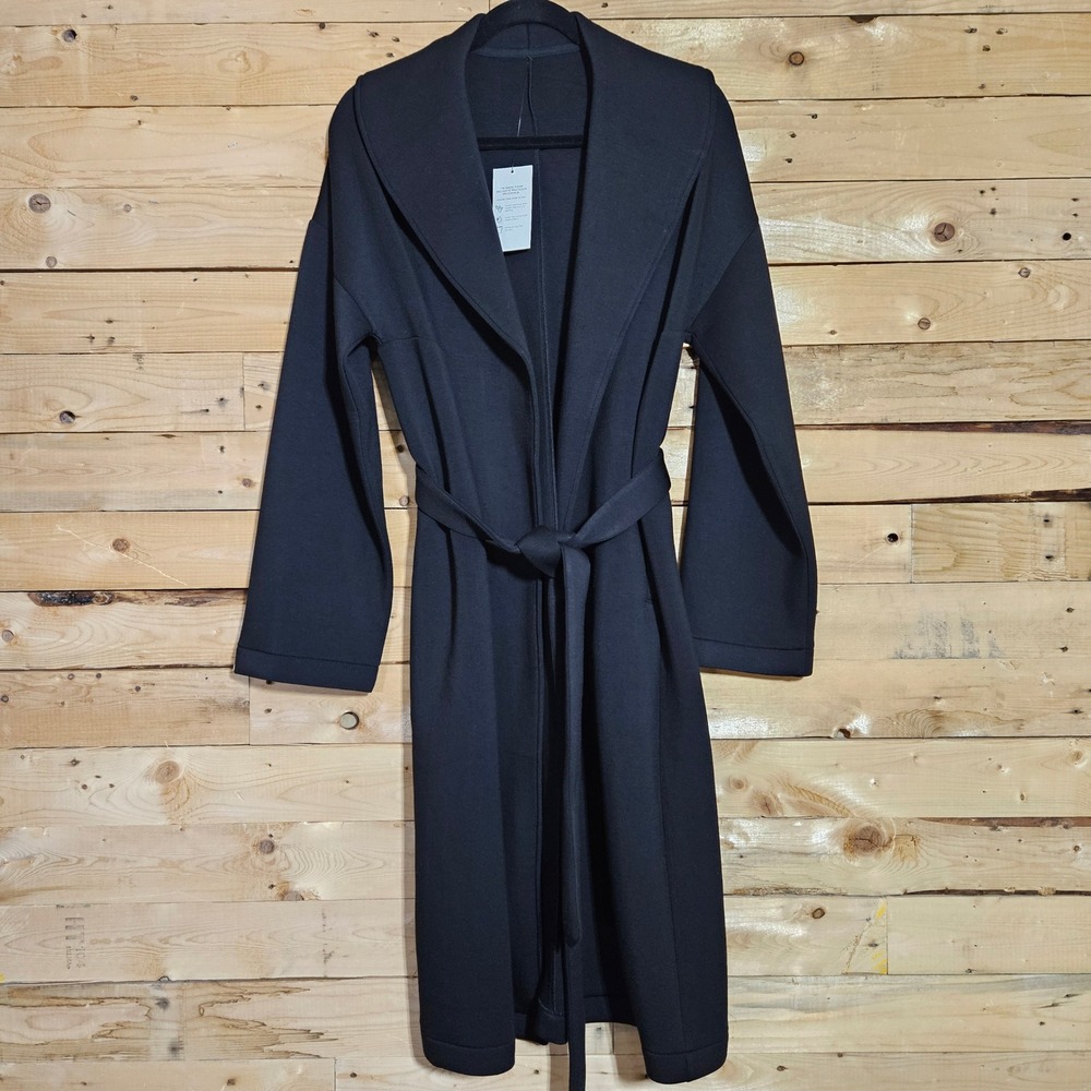 LEZE the Label Giselle Coat Black Sustainable Modal Wrap Shawl Collar Small